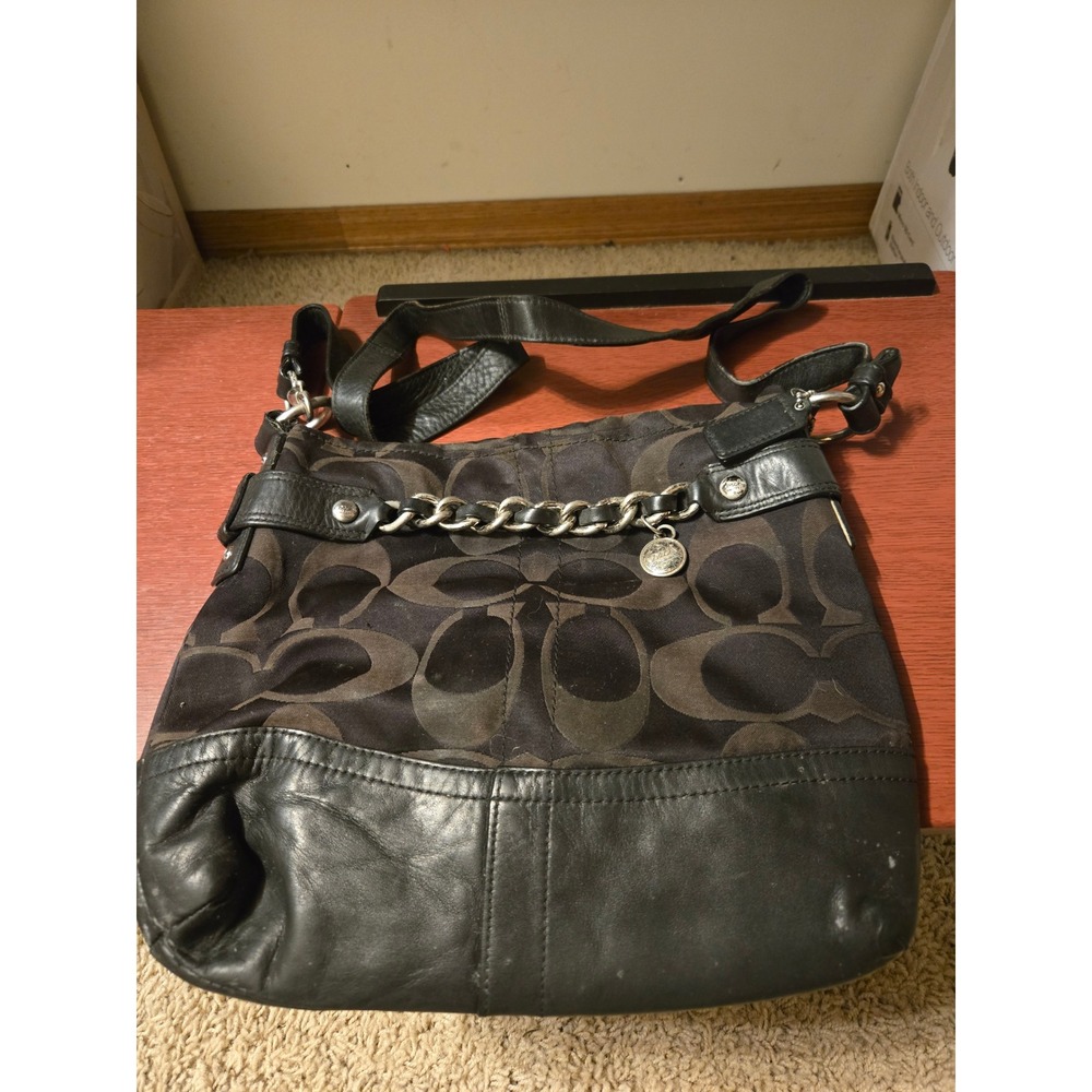 Coach Signature Black Leather Crossbody Bag Silver Chain Detail